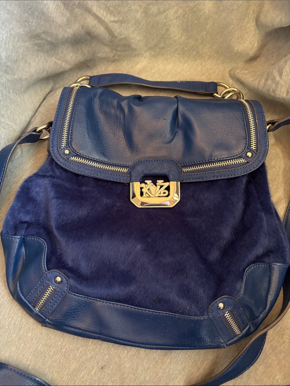 Y2K Kathy Van Zeeland Navy Blue Leather & Fur Shoulder Bag